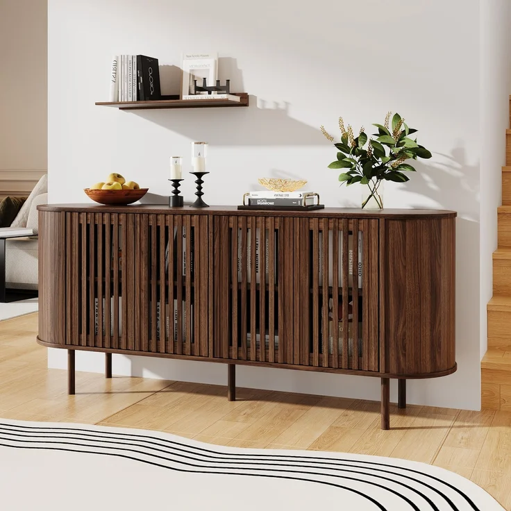 Merax 160x40x70cm Sideboard aus MDF mit 4 perforierten Schiebetüren, Kommode mit verstellbaren Einlegeböden und stabilen Metallbeinen, Wohnzimmer Buffet-Schrank, Walnussholzfarbe – Bild 2