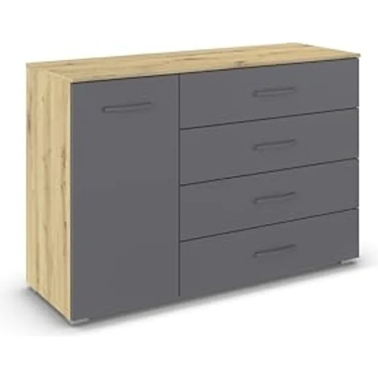 rauch Aditio Box, Kommode, 1-türig, 4 Schubladen, mit Softclose-Funktion, Farbe Grau metallic/Eiche Artisan, BxHxT 120x81x42cm