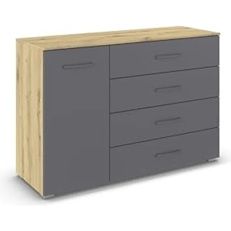 rauch Aditio Box, Kommode, 1-türig, 4 Schubladen, mit Softclose-Funktion, Farbe Grau metallic/Eiche Artisan, BxHxT 120x81x42cm – Bild 1