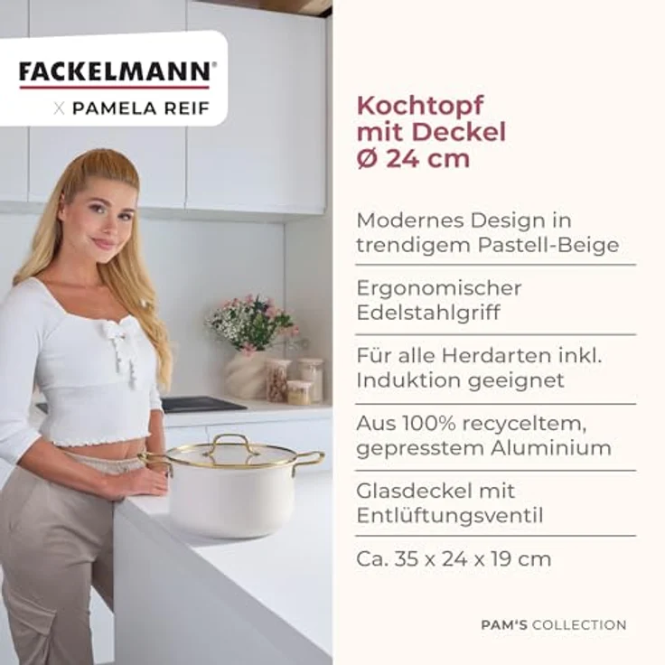 Fackelmann x Pamela Reif Kochtopf 24 cm mit Deckel, recyceltes Aluminium, PFAS-freie Keramikbeschichtung, pastell-beige, Induktion geeignet – Bild 3