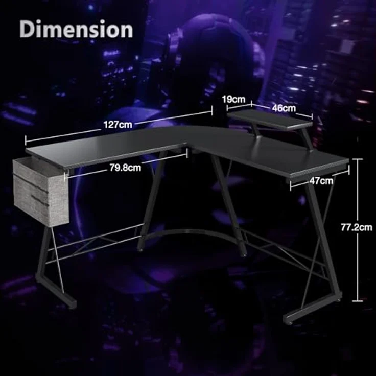 ODK Gaming Tisch, Computertisch, Gaming Schreibtisch mit runder Ecke, Gaming-Tisch mit Monitorablage (Kohlefaser Schwarz, 127x127 cm) – Bild 8