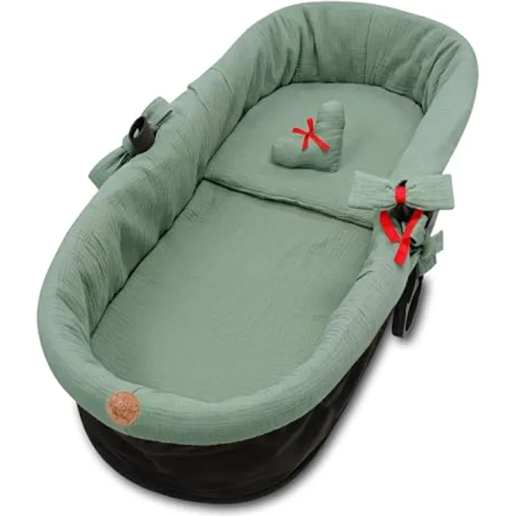 Stubenwagen Umrandung Musselin - Nestchen für Kinderwagen und Buggy Babybett Zubehör Babywanne und Kinderwagenzubehör Set 3-teilig Schonbezug mit Kissen und Einlage Salbeifarbe