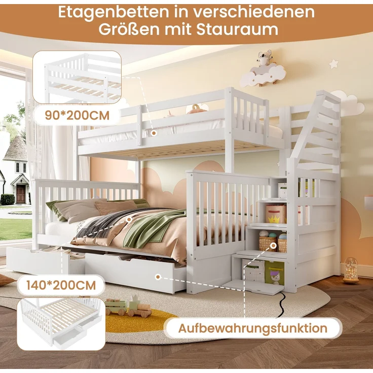 Etagenbett 90x200 & 140x200 cm, Kinderbett und Jugendbett, mit Schubladen und Stauraum, Kiefernholz, Weiß – Bild 6