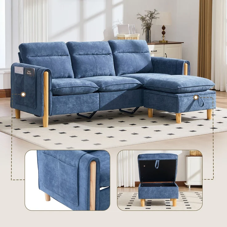 EINHOM Dreisitzige Sofagarnitur im nordischen Stil mit Aufbewahrungshocker, L-förmiges Stoffsofa mit Seitentaschen und Tischbeinen aus Holz, ideal für Wohnzimmer und kleine Räume (Blauer Chenille) – Bild 1