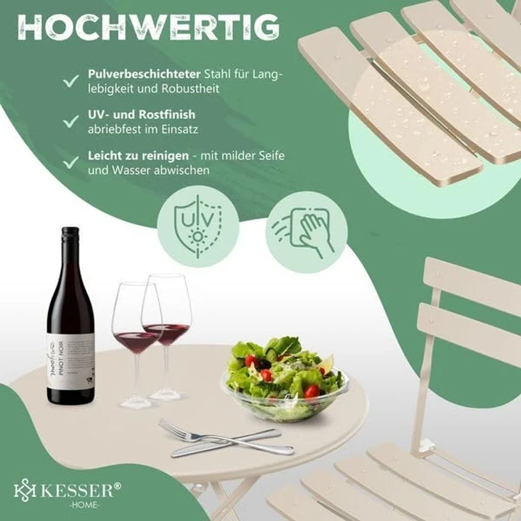 KESSER® Bistroset, 3-teilig, Bistrotisch mit 2 Stühle, inkl. Abdeckung, klappbar, Metall Cappuccino – Bild 4