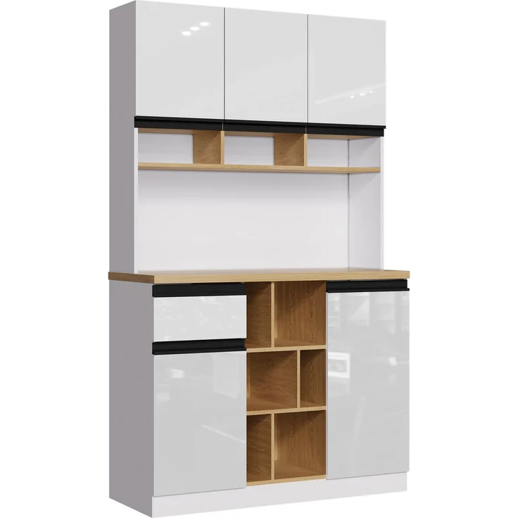 105×45×185 cm,weißer moderner Küchenschrank,Buffet,Sideboard,Hochglanztüren,Metallgriffe,verstellbare Regale,Schubladen,offener Stauraum,Kippschutz,geeignet für Küche,Esszimmer und Wohnzimmer – Bild 9