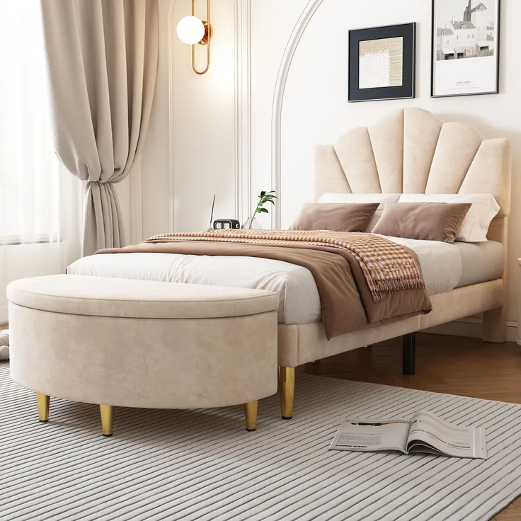 Polsterbett 90×200 cm aus Samt-Stoff mit Stauraumbank & Goldenen Eisenbeinen, beige