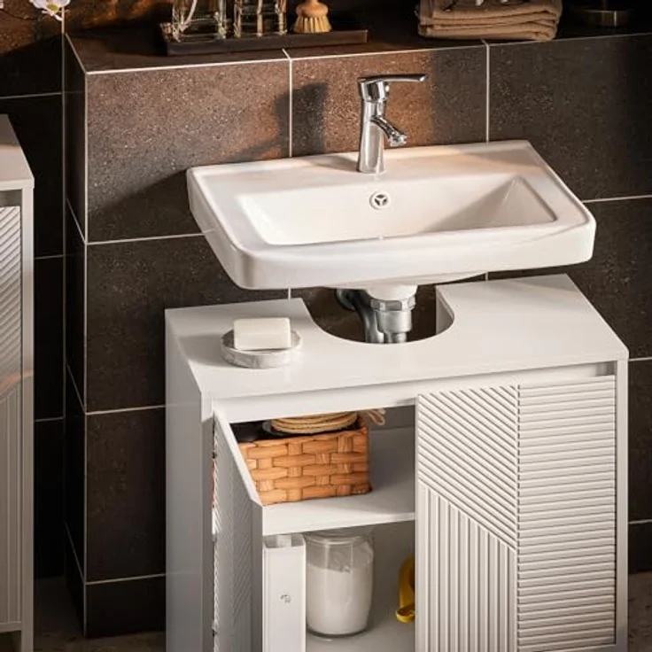 SoBuy Waschbeckenunterschrank BZR157-W, weißer Badezimmerschrank mit verstellbarem Einlegeboden und Siphonausschnitt 22x20 cm – Bild 4