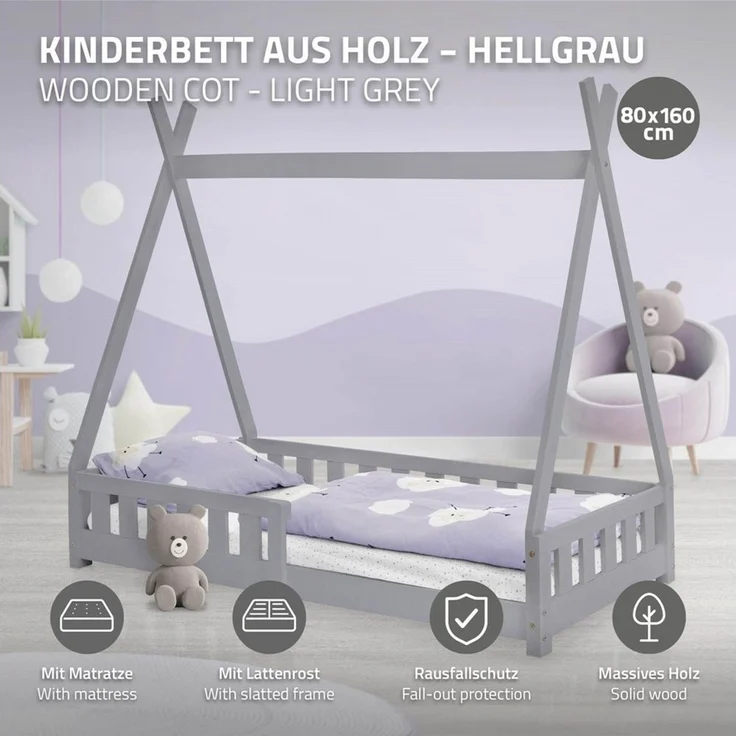 ML-DESIGN Spielbett Hausbett Tipi Zeltbett inkl. Lattenrost Bodenbett Kinder Himmelbett, Abenteuerbett mit Rausfallschutz Zelt Bett Kiefer Grau Kinderhaus – Bild 2