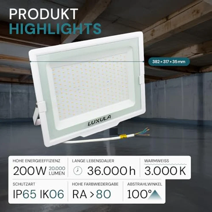LUXULA LED Strahler Außen 200W, 3000K Warmweiß, 20000lm, IP65 wasserdicht, Außenleuchte für Garten, Einfahrt, Garage, Terrasse, Weiß – Bild 2