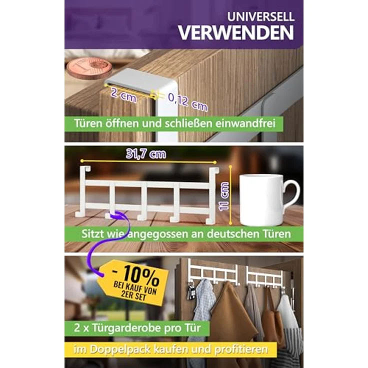 4smile Türgarderobe zum Einhängen - Universelle Türhaken für deutsche Türen, Kleiderhaken Tür - Stabile Türhakenleiste, Haken zum Einhängen als Ordnungshelfer, Fb. Weiß – Bild 5