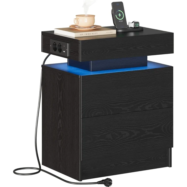 IRONCK Nachttisch Schwarz mit LED-Licht & Ladefunktion, Beistelltisch mit USB+Typ-C Anschlussen, Nachtschrank mit 2 Schubladen, Sofatisch für Schlafzimmer, Wohnzimmer, 35 x 48 x 60 cm – Bild 1