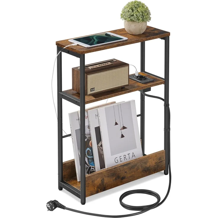 Vasagle Beistelltisch schmal, Nachttisch mit Ladefunktion, Couchtisch klein, 3 Ablagen, Zeitschriftenhalter, für Wohnzimmer, Schlafzimmer, Arbeitszimmer, vintagebraun-tintenschwarz LET335K02 – Bild 1