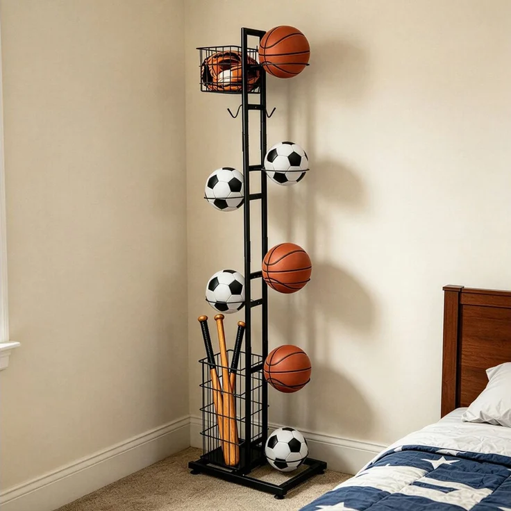 BlingBin Mehrzweckregal Ballständer 155 cm, Sportgerätehalter für 7 Bälle und Schläger, Ballaufbewahrung 1-tlg, Sportgeräte organizer, Basketball Aufbewahrungsregal, Abnehmbare – Bild 2