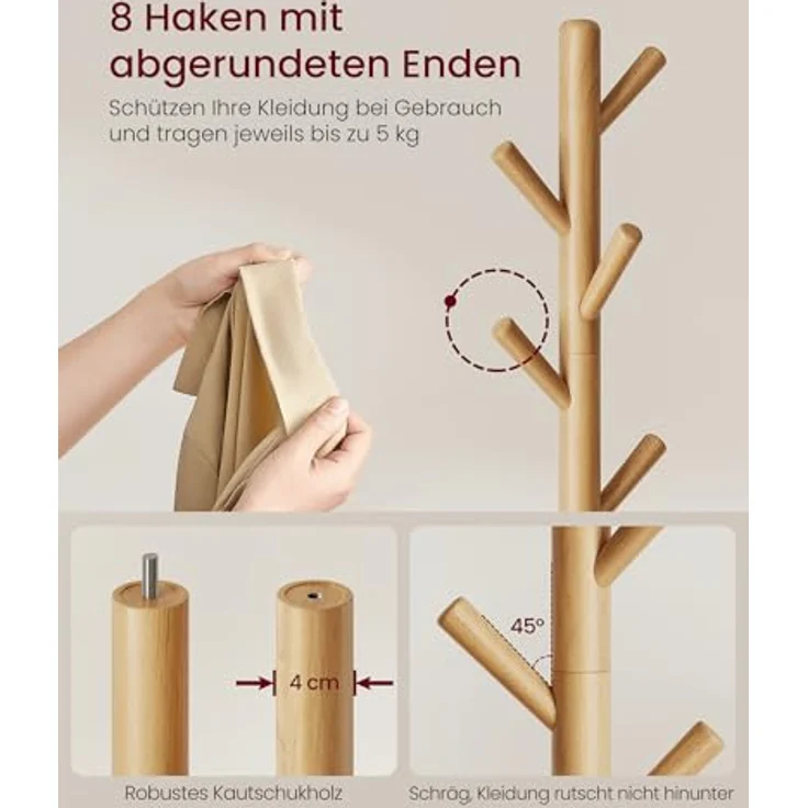 VASAGLE Garderobenständer, Kleiderständer Massivholz, Jackenständer Baumform, 8 Haken für Jacken, Hüte, für Flur, Haken und Haltestange aus Kautschukholz, naturfarben RCR009YK01 – Bild 5