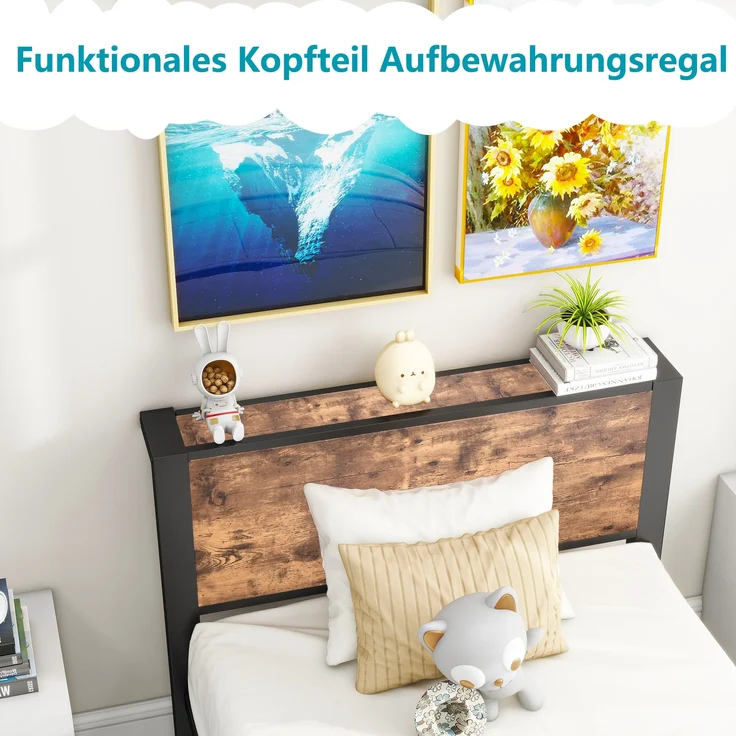 Bett 90x200 cm mit Stauraum – Einzelbettgestell aus MDF und Metall in Antique brown – Bild 3