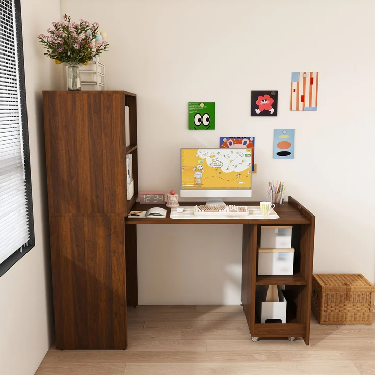 Schreibtisch mit ausziehbarer Tischplatte und Stauraumschrank in Nussbaum,136x126x55 cm – Bild 4