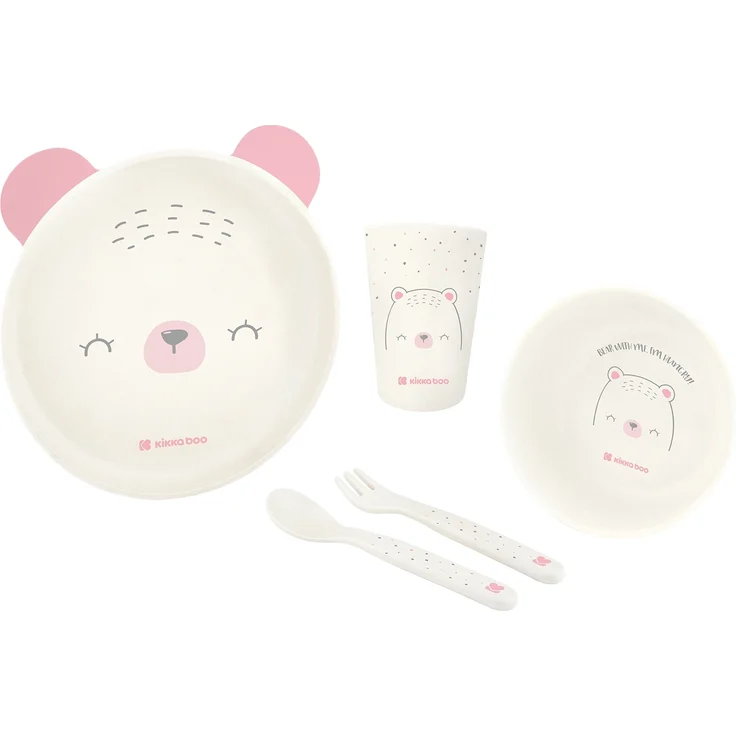 Kikkaboo Kindergeschirr Set Bear with me 5-teilig, Tiermotiv, Schale, Besteck pink