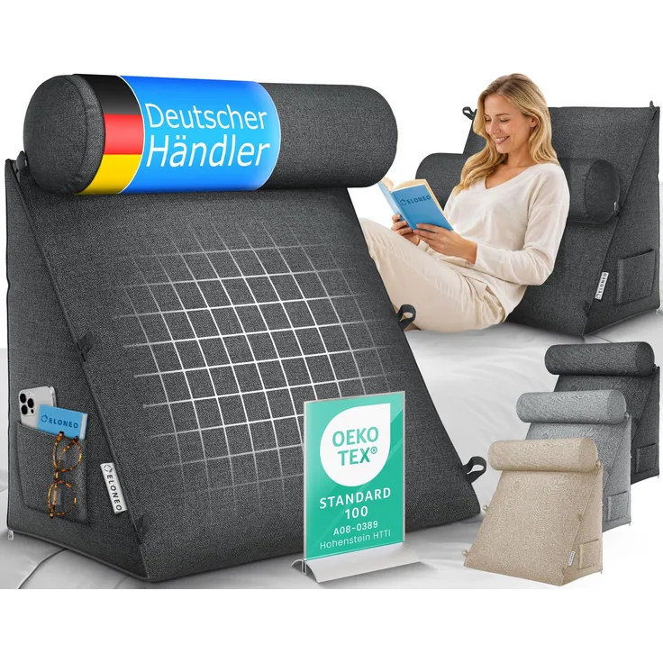 aktivshop Rückenkissen mit Nackenrolle für Bett & Sofa, 55x50x30cm, waschbarer Bezug