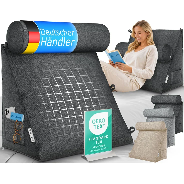 aktivshop Rückenkissen mit Nackenrolle für Bett & Sofa, 55x50x30cm, waschbarer Bezug – Bild 1