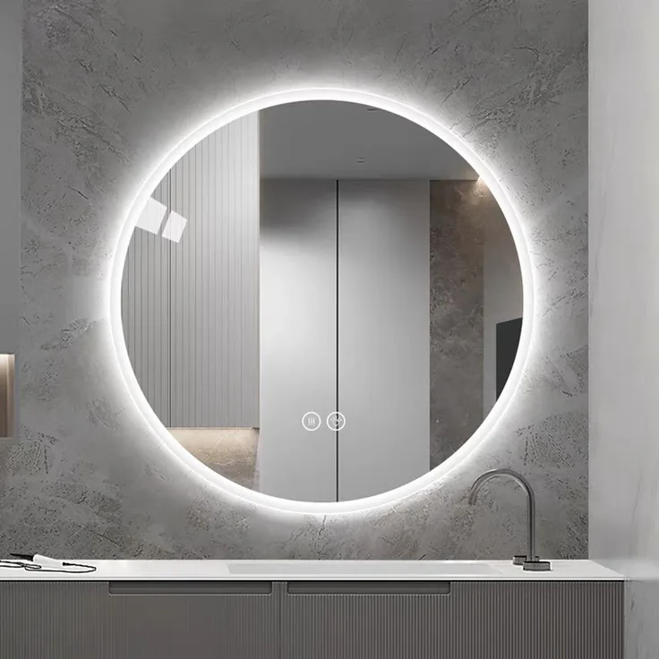 Runder LED-Badezimmerspiegel H 3 x T 80 x B 80 cm aus Glas und Metall, dimmbar und mit Entnebelungsfunktion