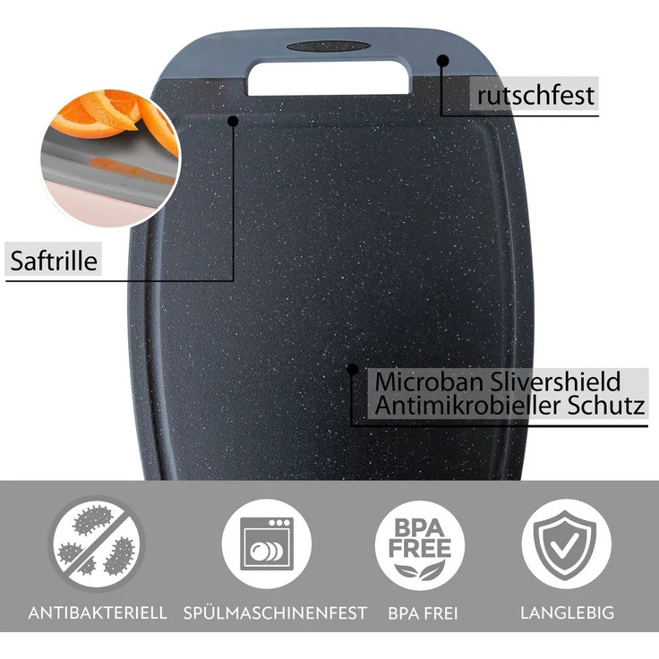 NEOFLAM® Schneidebrett BiJu Antibakterielles Frühstücksbrettchen Set, 4tlg. - Granitschwarz, Kunststoff (PP), (4-St) – Bild 3