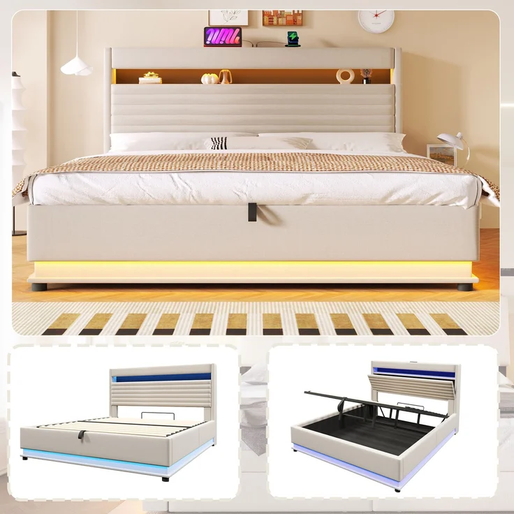 Merax Polsterbett, 180x200 cm, Doppelbett Mit USB Typ-C Ladefunktion, LED-Beleuchtung, Hydraulische Lagerung, Flip-Top-Aufbewahrungsfach, Ohne Matratze, Leinen, Beige – Bild 7