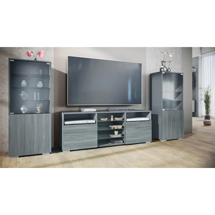 Vladon Wohnwand, Anthrazit, 2 Vitrinen & TV-Board, 286x122.5x35 cm, Made in Germany – Bild 2