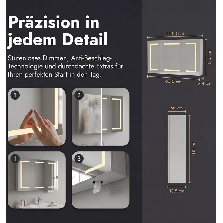 PXloue Badezimmerspiegelschrank mit licht Spiegelschrank bad mit beleuchtung (Einstellung der warmen und kalten Farbtemperatur 3000/4500/6400K) inkl. LED-Beleuchtung, Stecker, Touchschalter, Beschlagfrei – Bild 3