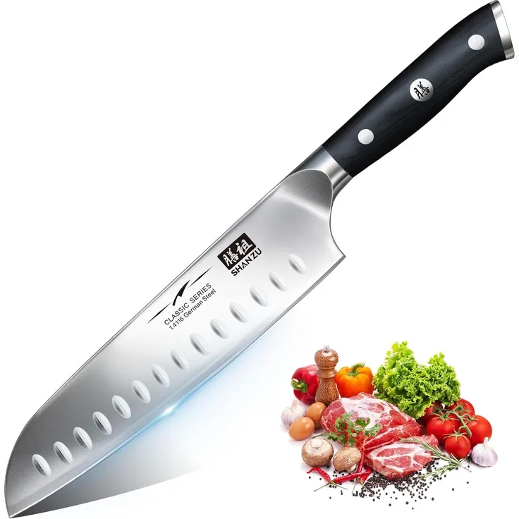 Kochmesser Küchenmesser, SHAN ZU Chefmesser Santoku Deutscher Carbon Edelstahl Scharfe Messerklinge 18cm Ergonomischer Griff Geschenkbox