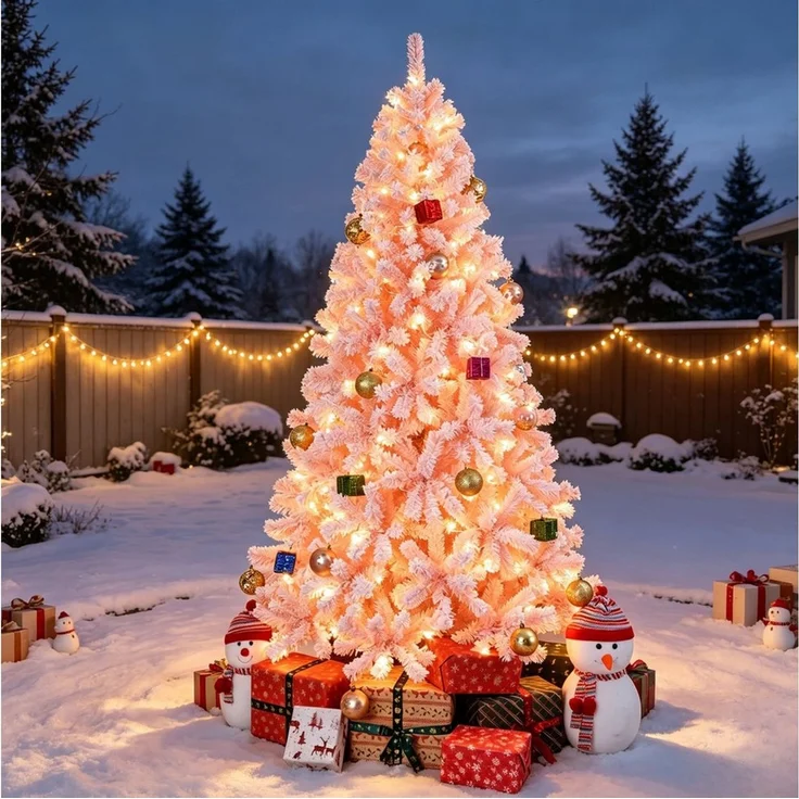 VINGLI Künstlicher Weihnachtsbaum mit Lichtern, Weihnachtsdeko mit Metallständer, für innen & Außen, 100 LEDs, Warmweiß, Batteriebetrieben, 750 Zweigspitzen, 180 cm, Rosa – Bild 1