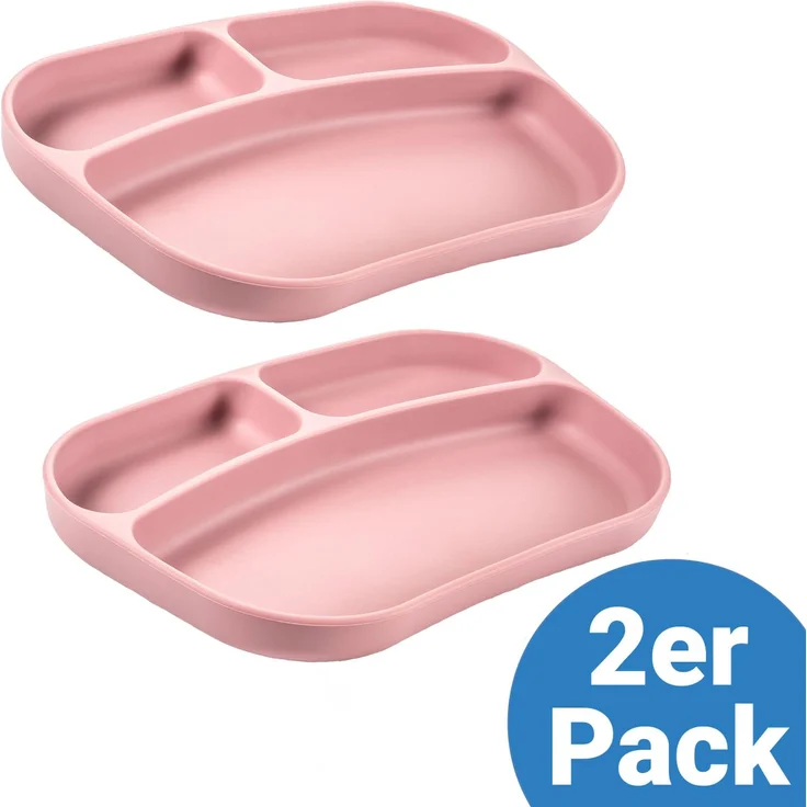 MiaMia Esslern-Teller, Silikon 2er Pack mit rutschhemmendem Boden und praktischer Unterteilung, Rose