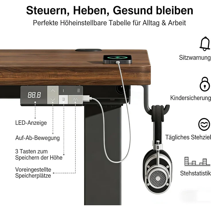 Devoko Höhenverstellbarer Schreibtisch 160x80 cm elektrisch, Höhenverstellung 71-121 cm mit Smart Control, 120 kg Tragkraft, für gesundes Arbeiten – Bild 5