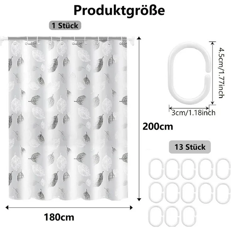 FOUORTUNATE-BEE Duschvorhang Blätter Duschvorhang Anti-Schimmel Wasserdichter Duschvorhang Breite 180 cm (Badewanne Vorhang Schnell Trocknend für Badezimmer, Duschvorhang Waschbar mit 13 Ringen)