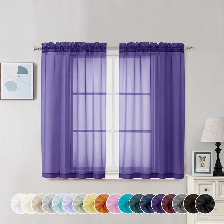 Chyhomenyc Transparente Vorhänge, 114 cm lang, 2 Paneele, lichtfilternde Stangentasche, Voile, Kurze Vorhänge für Wohnzimmer, Schlafzimmer, kleine Fenster, 106x114 cm (B x L), Violett