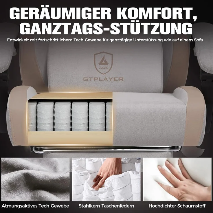 GTPLAYER Gaming Stuhl Ergonomischer, PC Stuhl Atmungsaktiver Stoff, Groß und Hoch Drehbarer Schreibtischstuhl mit Fußstütze,Verstellbare Lendenwirbelstütze und Kopfstütze,Hellbraun – Bild 5