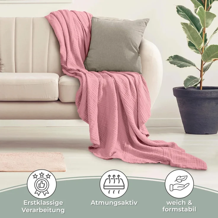 LAYNENBURG Premium Musselin Tagesdecke 220x240 cm XXL - 100% Baumwolle - extraweiche Baumwolldecke als Kuscheldecke, Bett-Überwurf, Sofa-Überwurf, Couch-Überwurf - warme Sofa-Decke (Altrosa) – Bild 5