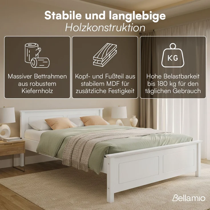 Bellamio 'Medje' Bett 160x200 cm in Kassettenoptik, Kiefer, weiß lackiert, Holzbett im Landhausstil mit Lattenrost, geeignet als Doppelbett – Bild 4