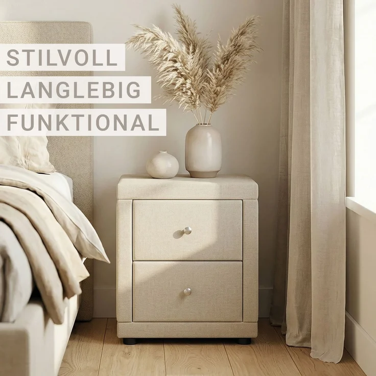 Nachtschrank 2er Set 2 Nachttische mit Schubladen Nachtkommode Beistelltisch Stoff Beige Schlafzimmer – Bild 6