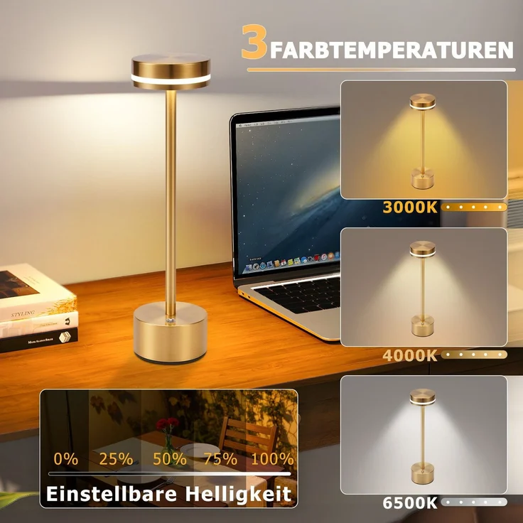 ZMH Tischlampe Akku LED Tischleuchte Kabellos - Nachttischlampe Dimmbare mit USB-C Aufladbar Batterie Touch Lampe Gold Tischlampen für Schlafzimmer Esszimmer Büro- 2ER – Bild 3