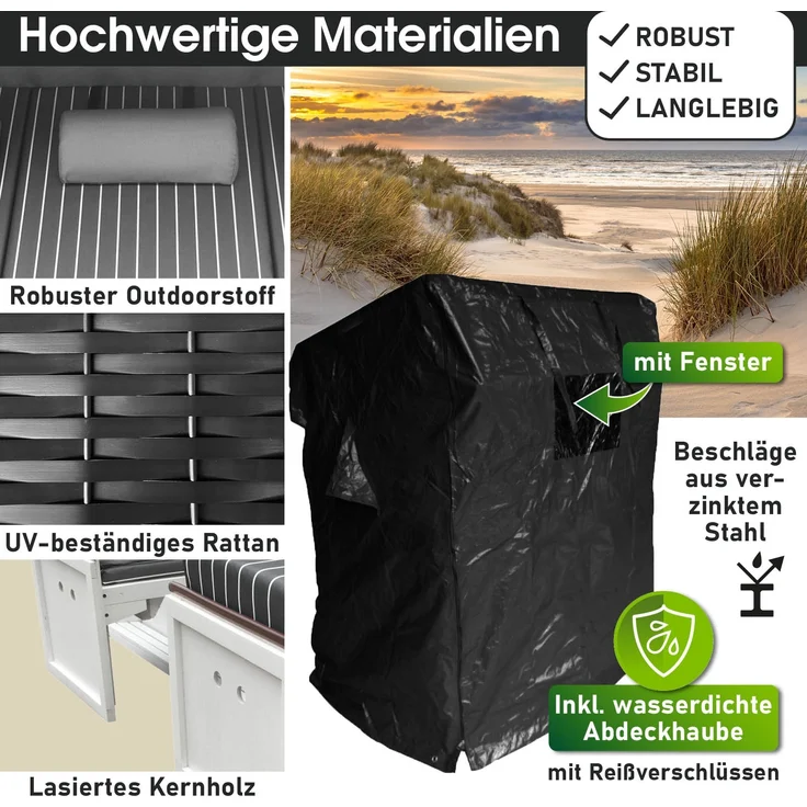'Brast' 3-Sitzer Strandkorb gestreift XXL inkl. Schutzhülle, Poly-Rattan anthrazit/grau, 160 cm – Bild 6
