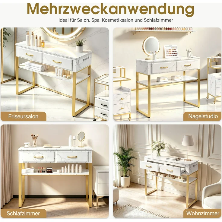 BarberPub Friseurtisch mit 2 Schubladen & Offener Ablage, Schreibtisch Marmor-Weiß Gold, Schminktisch ohne Spiegel, Friseurplatz für Friseursalon, Computertisch Schlafzimmer, 40x100x80cm, 3579 – Bild 7