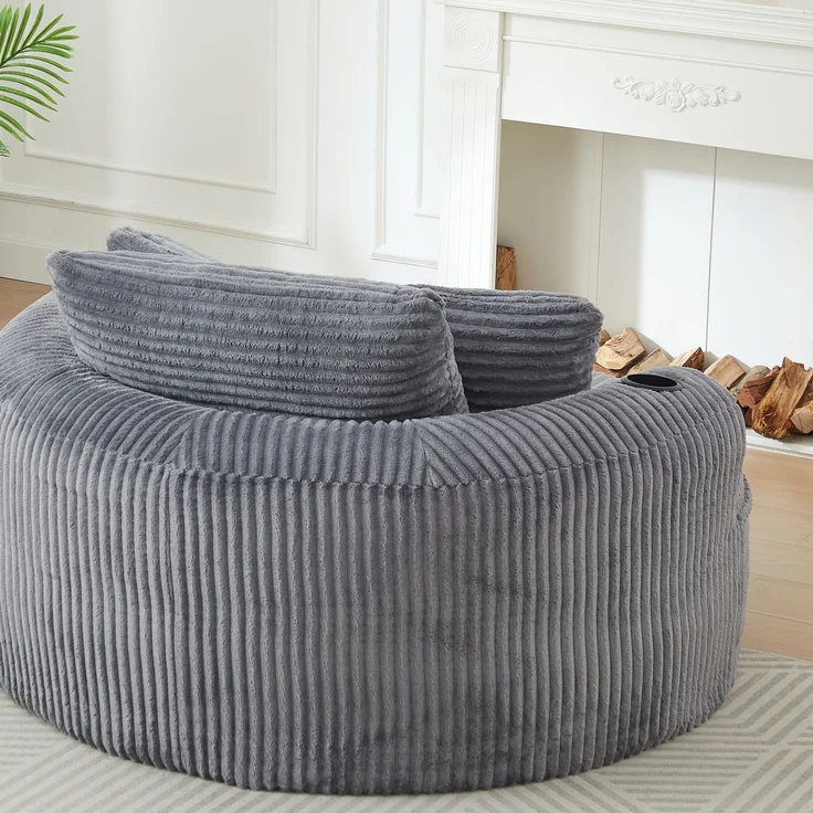 Rundes Loungesofa aus Cord, Einzelsitz Sitzsack Liegestuhl mit 3 Kissen, 2 Getränkehaltern, Seitenaufbewahrung, Rutschfest, Bequemes Relaxsofa für Wohnzimmer Schlafzimmer--Herde--146x29x32cm--YOUDENOVA – Bild 7