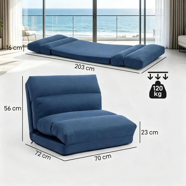 Wohnora-Dunkelblauer verstellbarer Boden-Lazy-Sessel 70x72x56cm, wandelbar zum Liegesofa mit 90°–180° Neigfunktion aus weichem Stoff,H 56cm x T 70cm x B 72cm,Blau – Bild 3