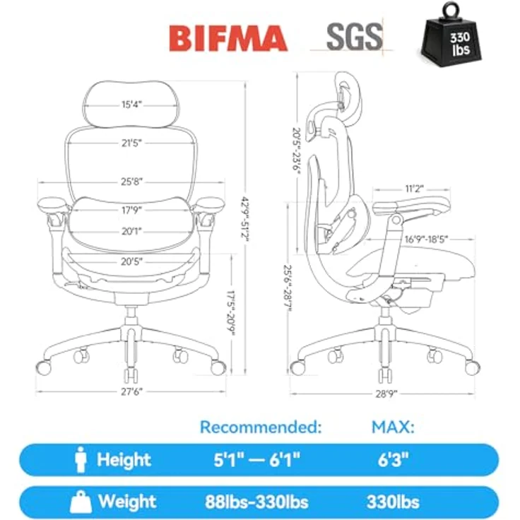 SIHOO Doro C300 Pro V2(grau), Ergonomischer Bürostuhl mit Netzbezug, 8D-Armlehnen, drehbarer Lendenwirbelstütze, 3D-Kopfstütze, Sitztiefenverstellung und Neigung, für Homeoffice, Weiß – Bild 3