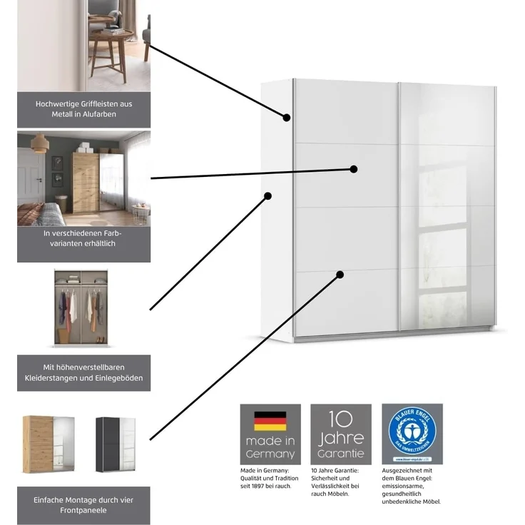 rauch Kleiderschrank, Schwebetürenschrank SUBITO, 2-türig, 1 Spiegeltüre, Alpinweiß, 136 x 197 x 61 cm – Bild 4