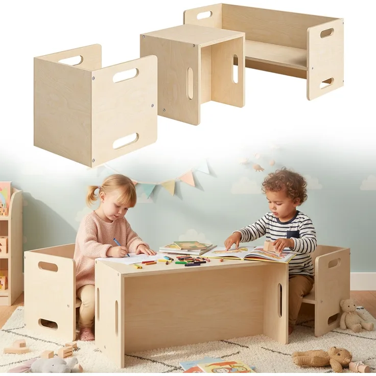 Bellabino 'Aki' 2in1 drehbare Kindersitzgruppe, 2x Stuhl und 1x Bank, natur unbehandelt, Birke Sperrholz, 3 Sitzhöhenstufen