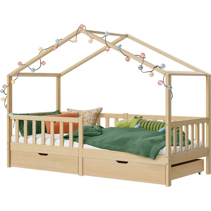 Bellabino 'Bia' Hausbett 90x200 cm mit 2 Schubladen, natur, Kiefer Massivholz, Montessori Kinderbett mit Stauraum, inkl. Rausfallschutz und Lattenrost – Bild 12
