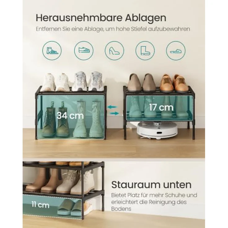SONGMICS Schuhregal, 2 Ebenen, Schuhablage schmal, Schuh-Organizer Metall, Flur, Wohnzimmer, Kleiderschrank, platzsparend, stapelbar, 30 x 45 x 31 cm, schwarz LSA112BH01 – Bild 5