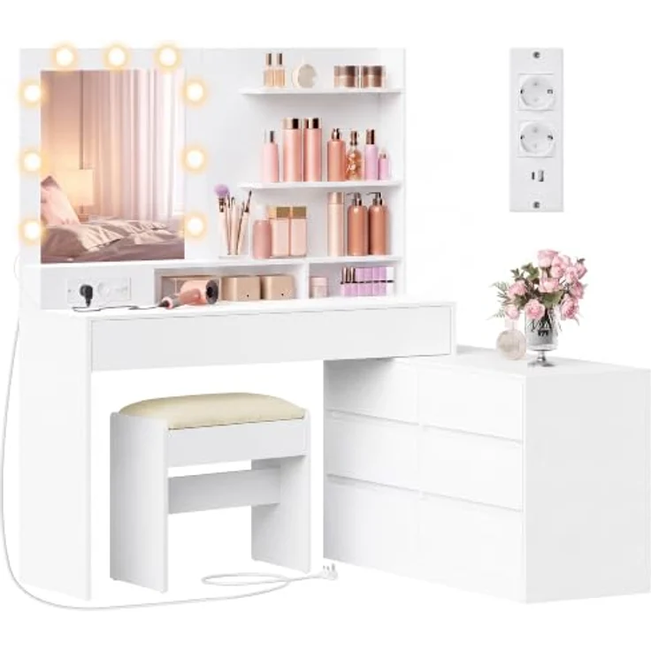 VASAGLE Schminktisch mit Beleuchtung und Hocker Set | Kosmetiktisch in L-Form mit 8 Schubladen und Steckdose, für Schlafzimmer, KAILYN Kollektion RDT140WB01-02 – Bild 1